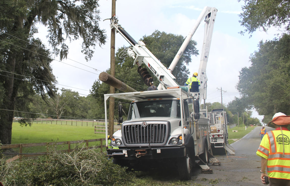 SECO Energy, SECO Territory Pounded by Hurricane Hermine, power line pole being replace after major damage.