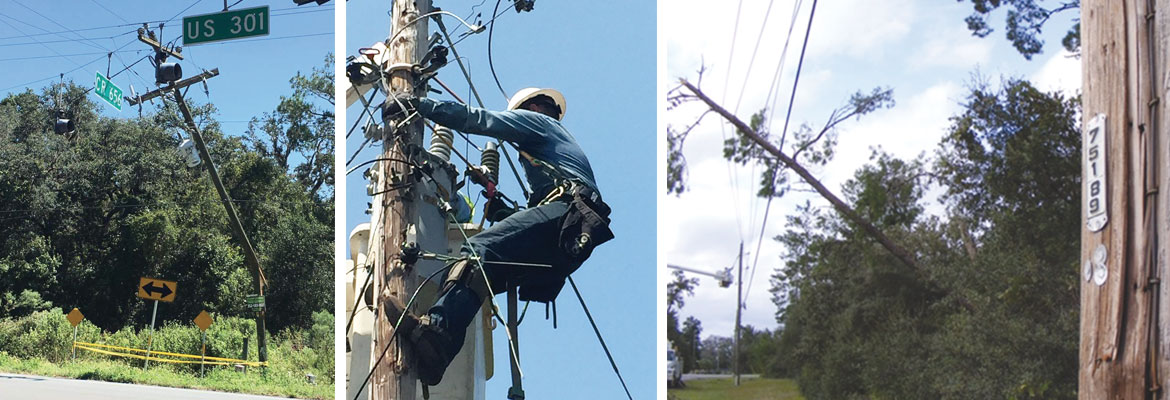 SECO News, October 2017 - Hurricane Irma Hits Hard, downed power lines, linemen working, damaged poles
