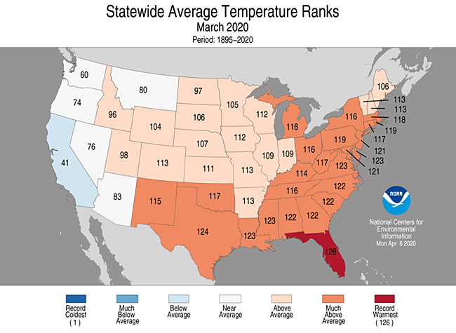 March 2020 above average temperatures map courtesy of NOAA
